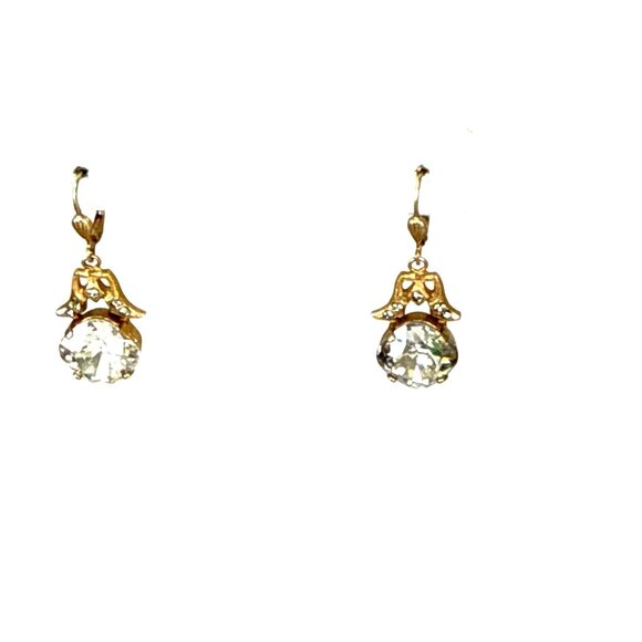 Art Deco Style Rhinestone Drop Earrings Brass Leverback Vintage Dangle 1.5" - Picture 8 of 10